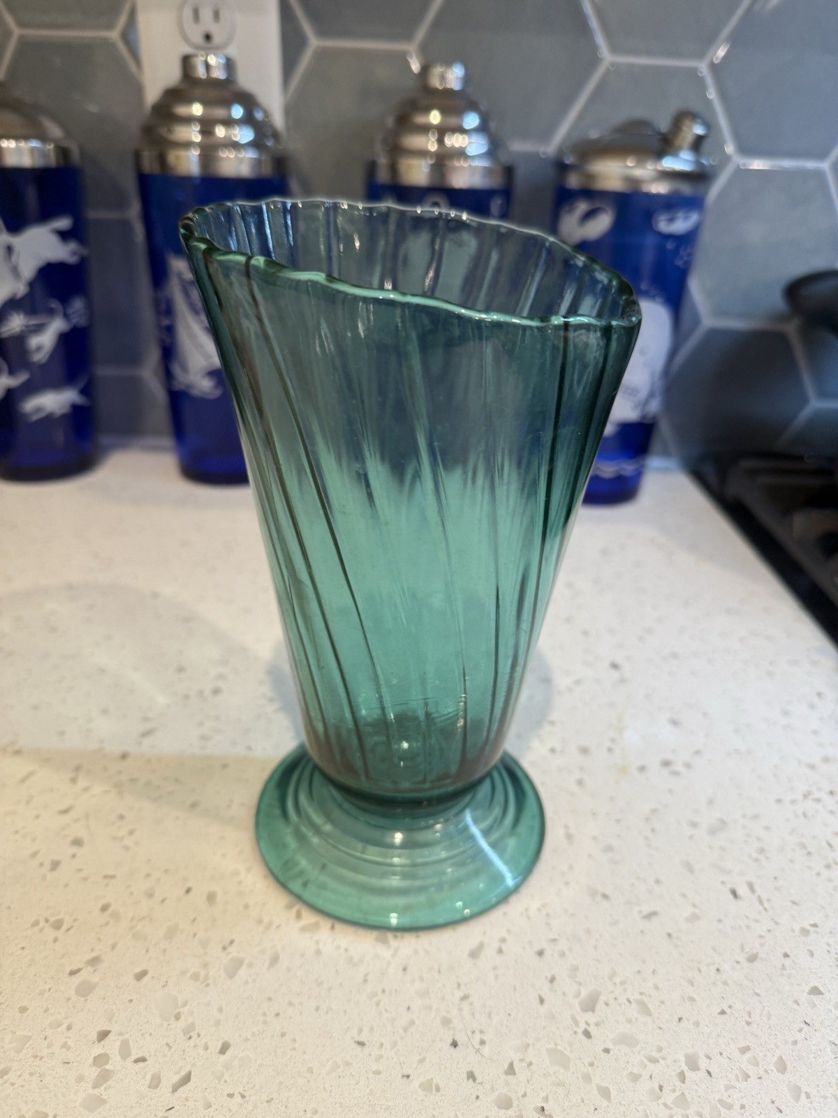 Jeannette Ultramarine Swirl Teal 7 5/8” Footed Vase Mid Century Depression Glass