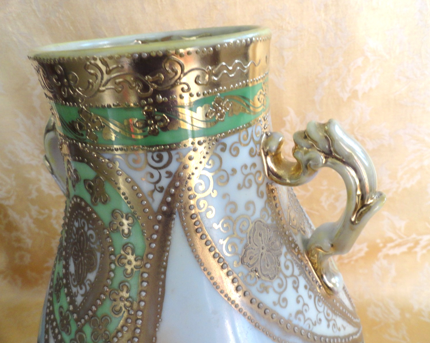 Large Antique Nippon Moriage Hand Painted Handled Vase Rose W/ Gold Gilt 12.5 H
