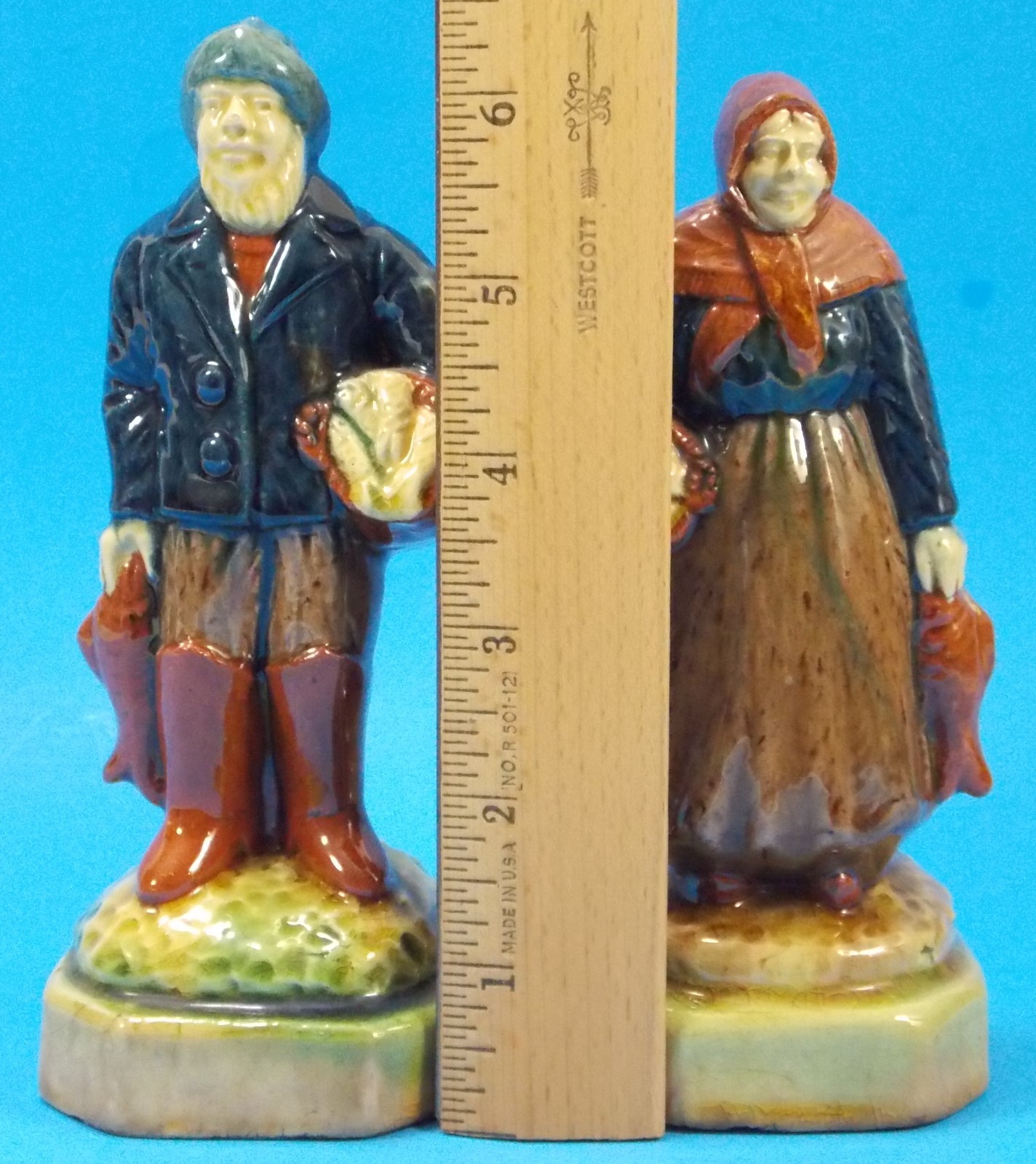 Vintage Continental Majolica Pottery Fisherman & Wife Figures Marked 6 1/2″