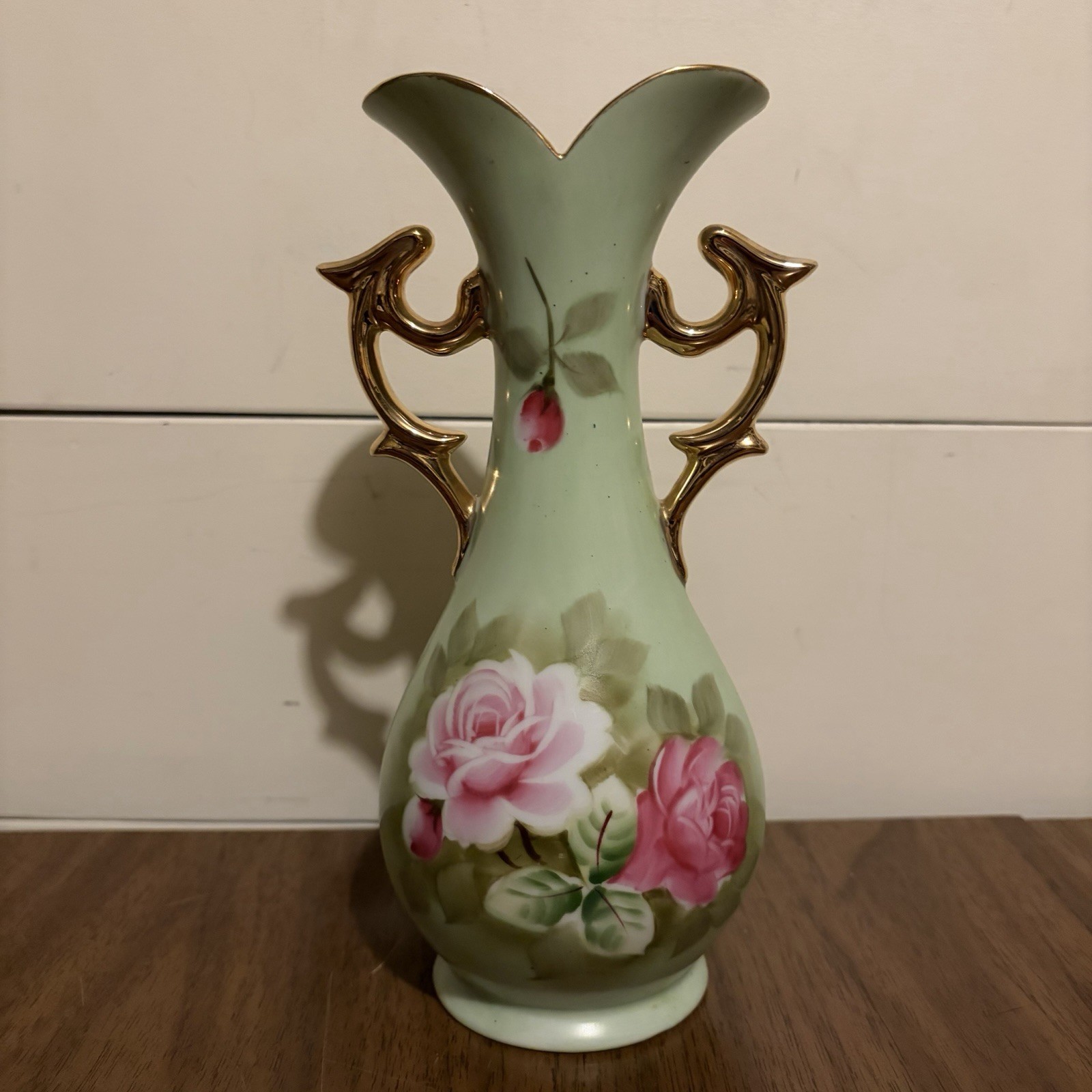 Lefton China Double Handled Vase Hand Painted Pink Roses 8.5” Pastel