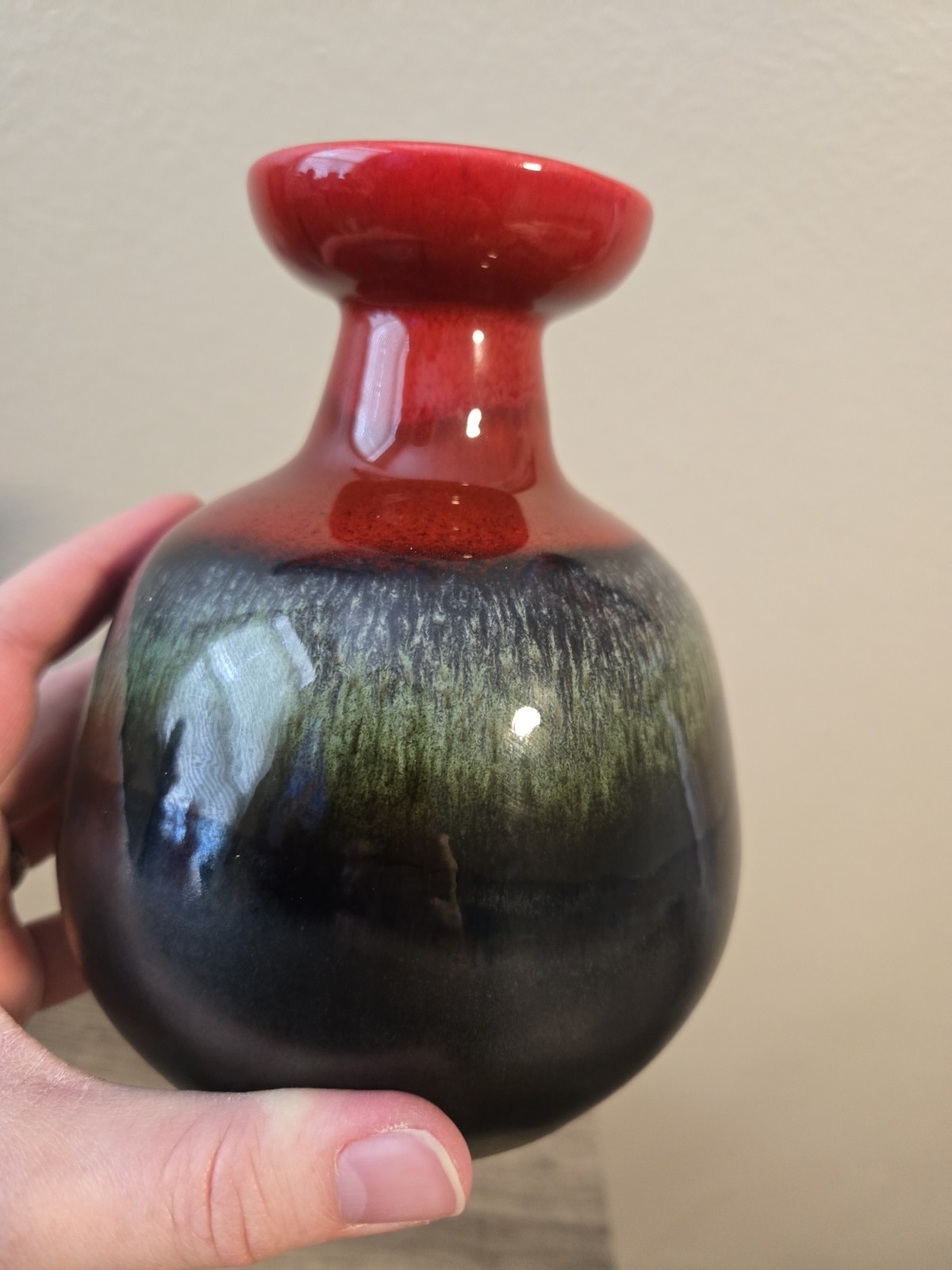 Hutschenreuther Style Fat Lava Bulbous Vase, Glossy Red, Green, And Black Matte