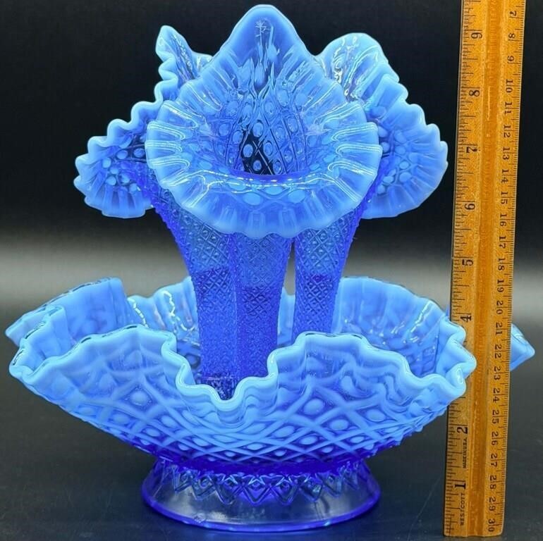 Fenton Sapphire Blue Opal Diamond Lace Epergne – Free Shipping