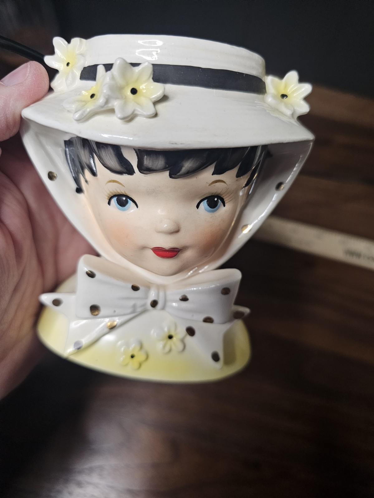 Vintage Relpo Lady Head Vase K1147 RARE YELLOW Gold Polka dot MCM Retro Chic 4