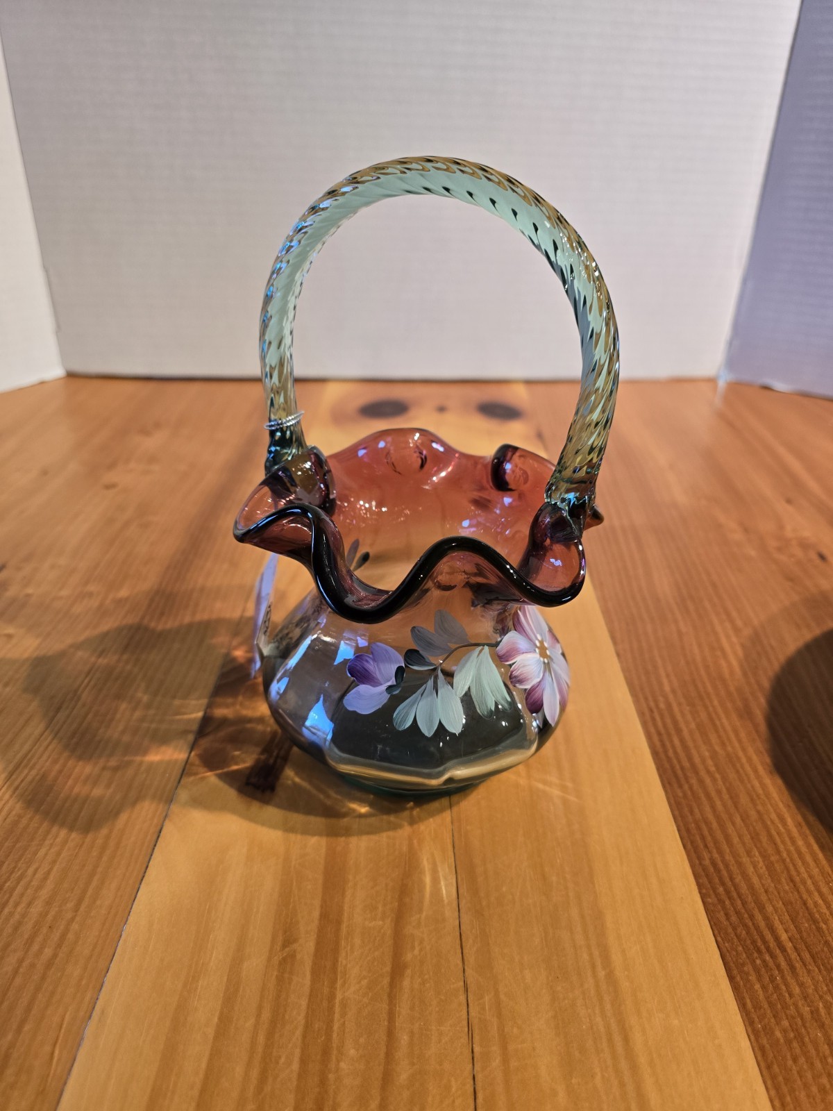 Fenton Rubina Verde Hand Painted Signed Basket