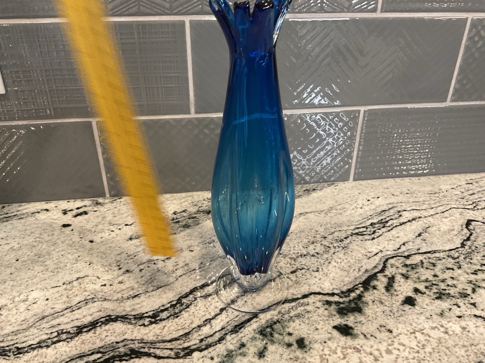 Vintage Lefton Glass Blue Swung Vase Clipped Top 9.25 In