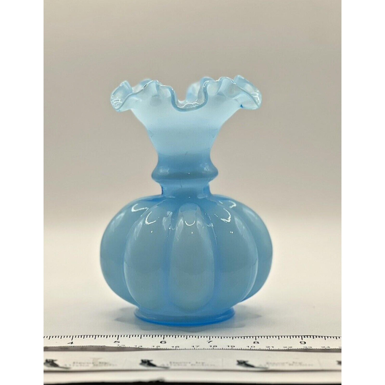 Fenton Light Aqua Blue Opaline Melon Bud Vase Ruffled Edge Vintage 6”
