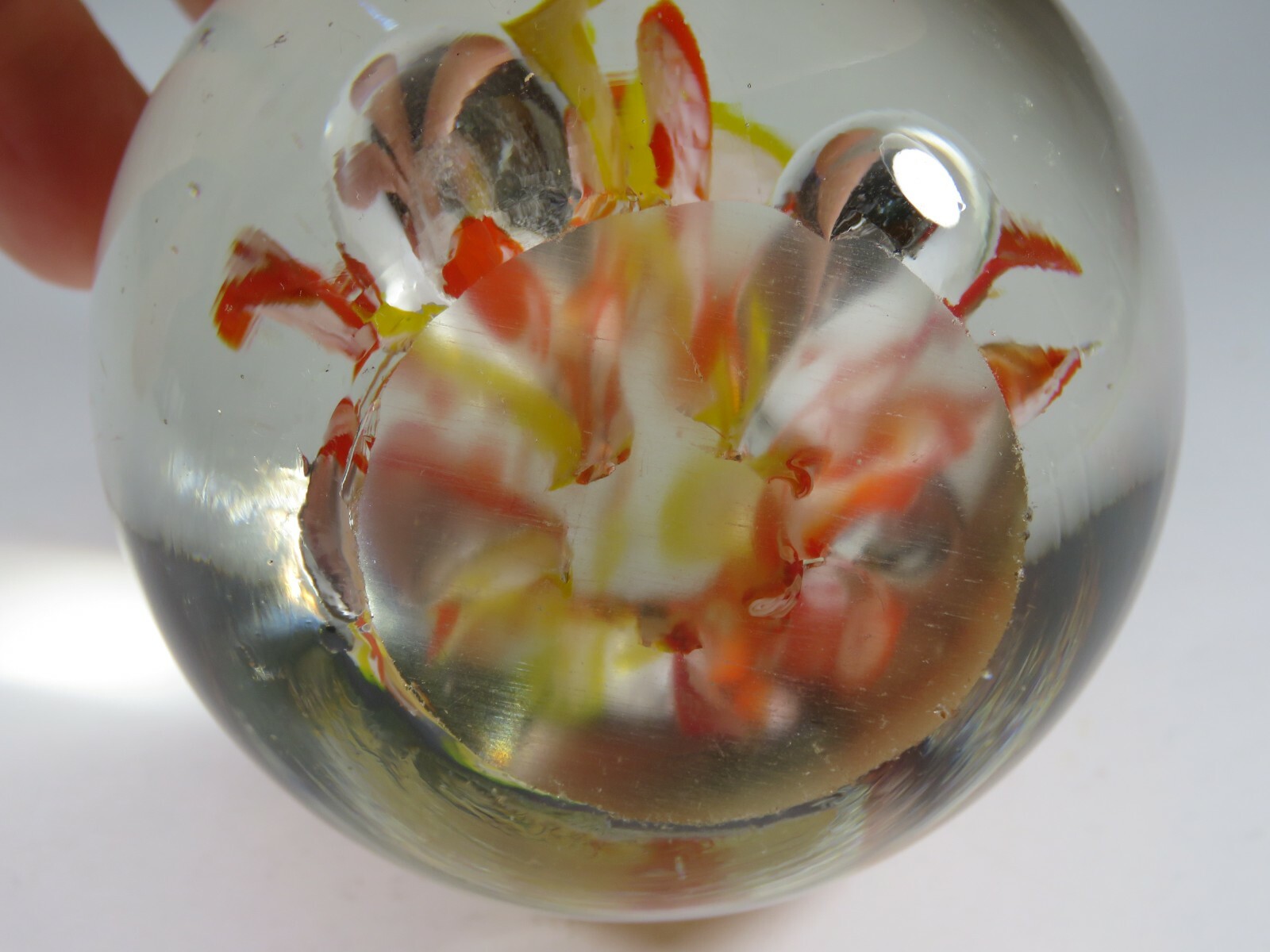 Art Glass Paperweight Vintage Hand Blown Round Colorful Flowers 2.75 dia. B6088