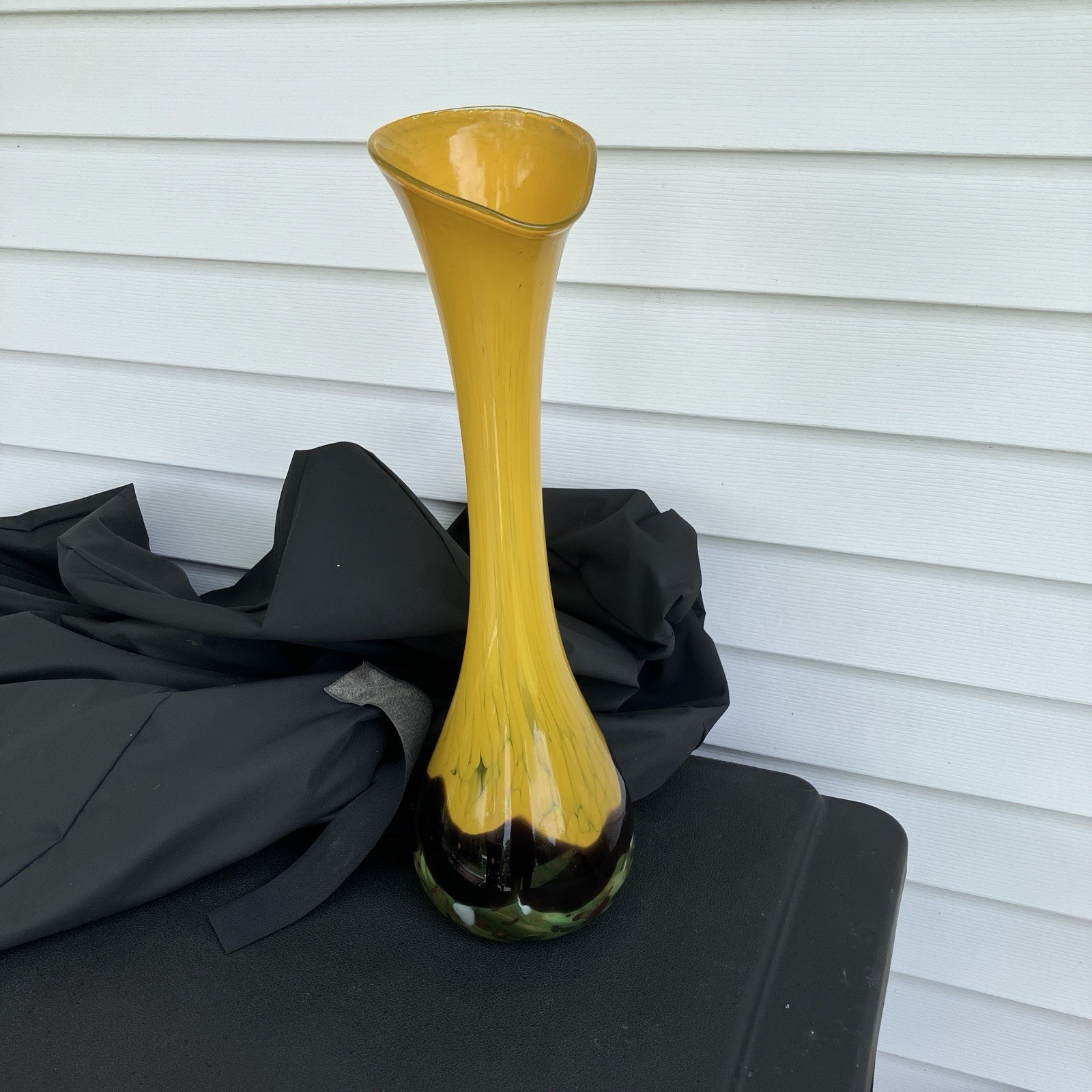 MCM Murano Style Yellow Brown Art Glass Vase Hand Blown XL Neck 22.5” Soliflore