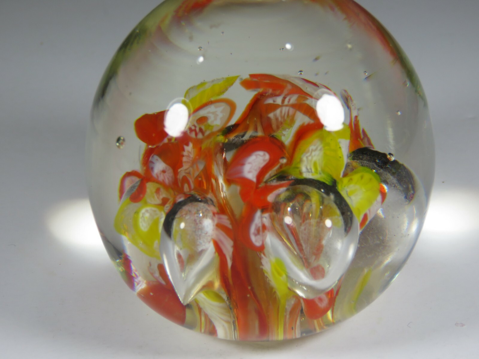 Art Glass Paperweight Vintage Hand Blown Round Colorful Flowers 2.75 dia. B6088