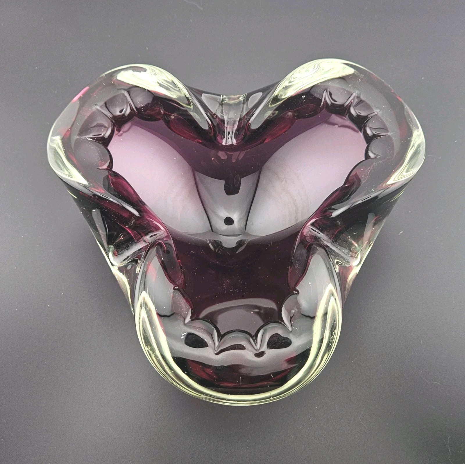 Stunning 7″ Burgundy Ribbed Edge Vintage Murano Art Glass Folded Edging. Loved