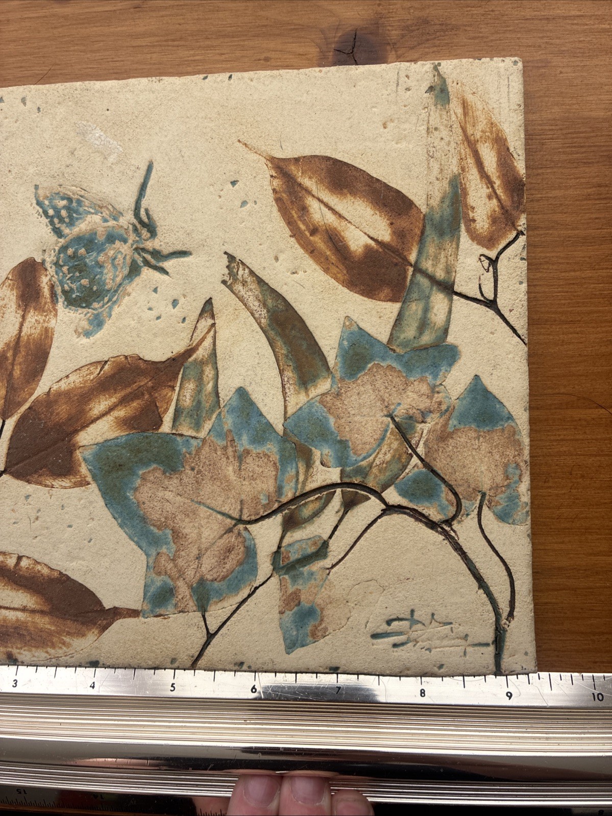 Vintage Mid Century Studio Pottery Botanical Tile Wall Plaque Signed Handmade