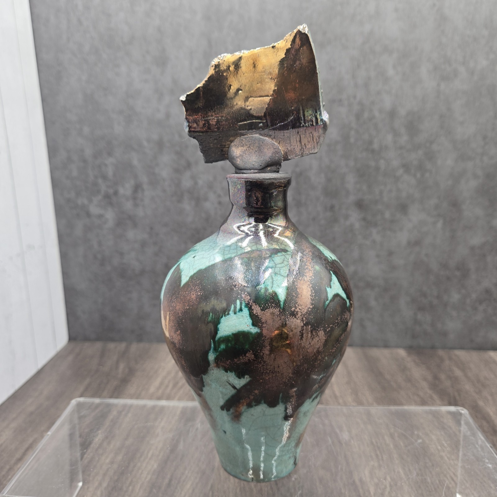 Signed Raku Pottery Vase with Stopper Handmade Ceramic 9.5″ Collectible Art