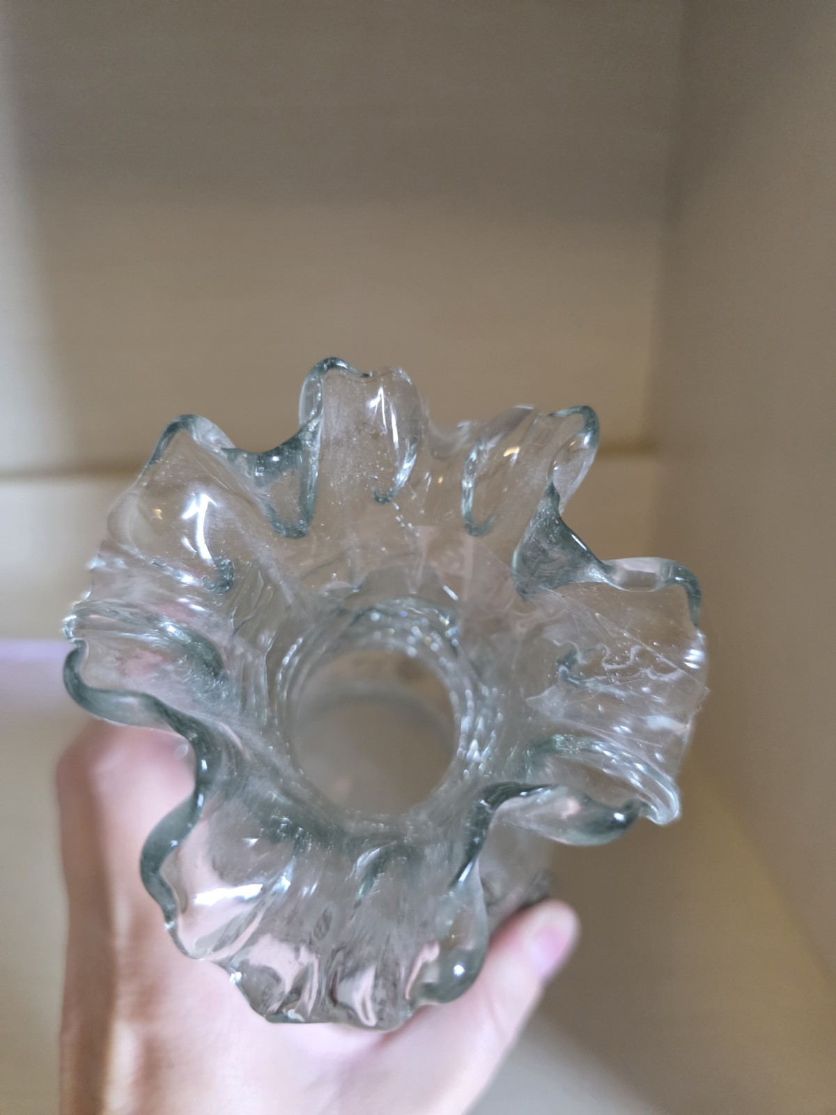 Vintage (Fenton?) Crackled Glass Ruffled Clear Glass Vase With Gold Gilding