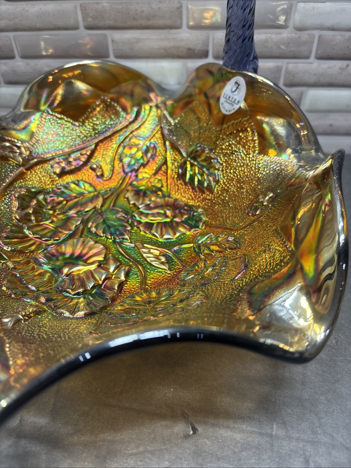 Fenton Art Glass Aubergine Marigold Carnival Glass Basket With Handle Dish, Bowl