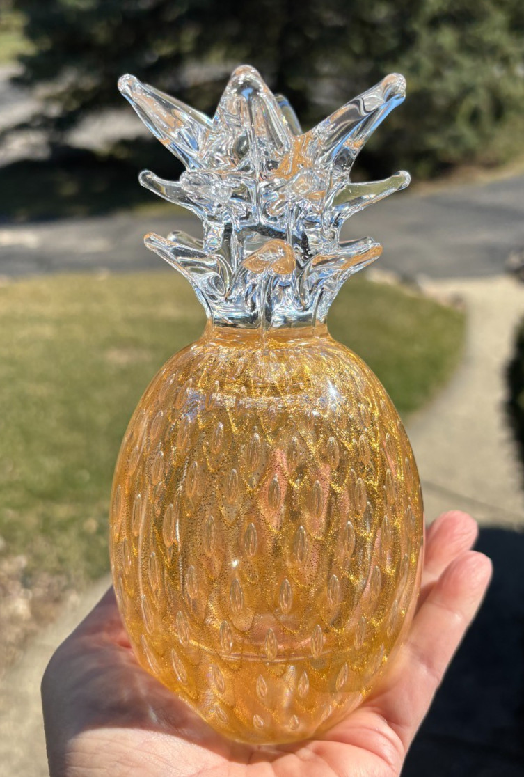 Marcolin Sweden Crystal Pineapple Paperweight Clear with Gold Flecks 7″ Signed