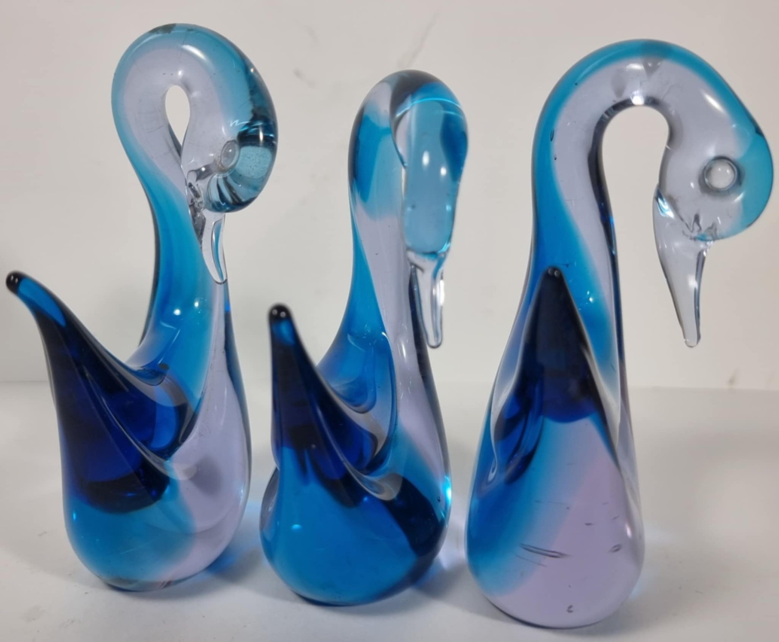 Vintage Set of 3 Murano Art Glass Swans Blue Sommerso 12cm Vincenzo Nason?