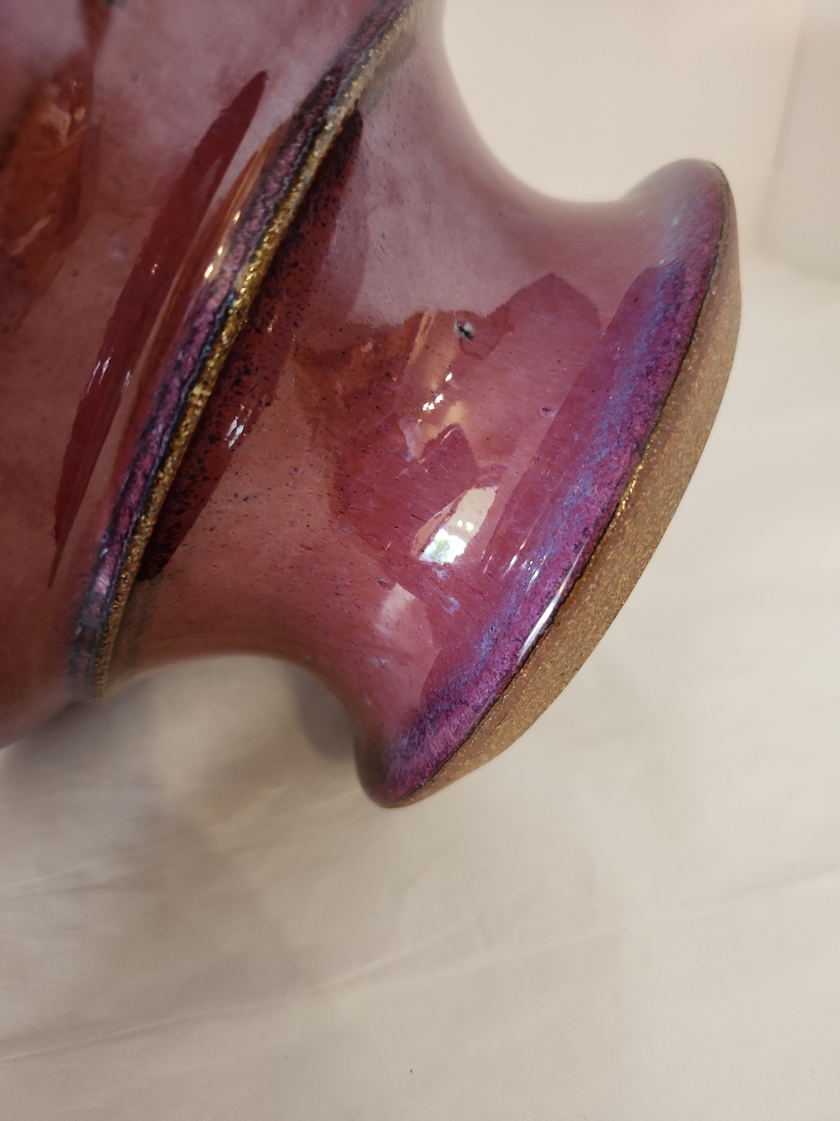 Ikebana 8.25″ Vase W Flower Frog Purples Maroon Blues Pottery Round Disc Signed