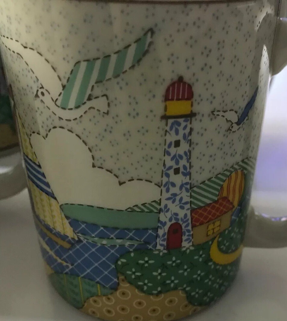 Vintage Otagiri Cups 4 Pc Set Patchwork Ocean Shore A25
