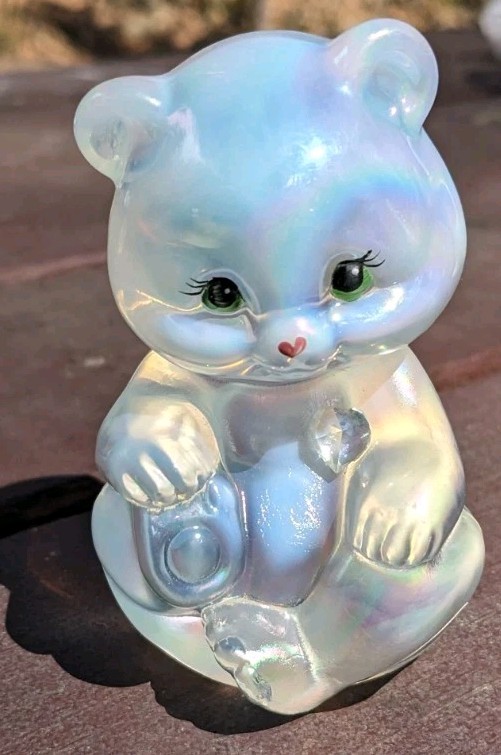 Fenton Art Glass Iridescent White Bear Mendenhall Birthday April Clear Heart