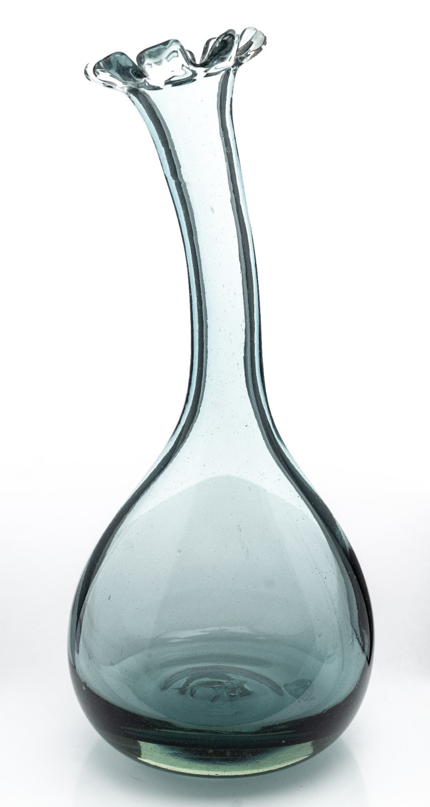 Heavy Recycled Aqua Mexican Glass Vase Curved Neck Crenellated Rim 4.8lb 14×6″