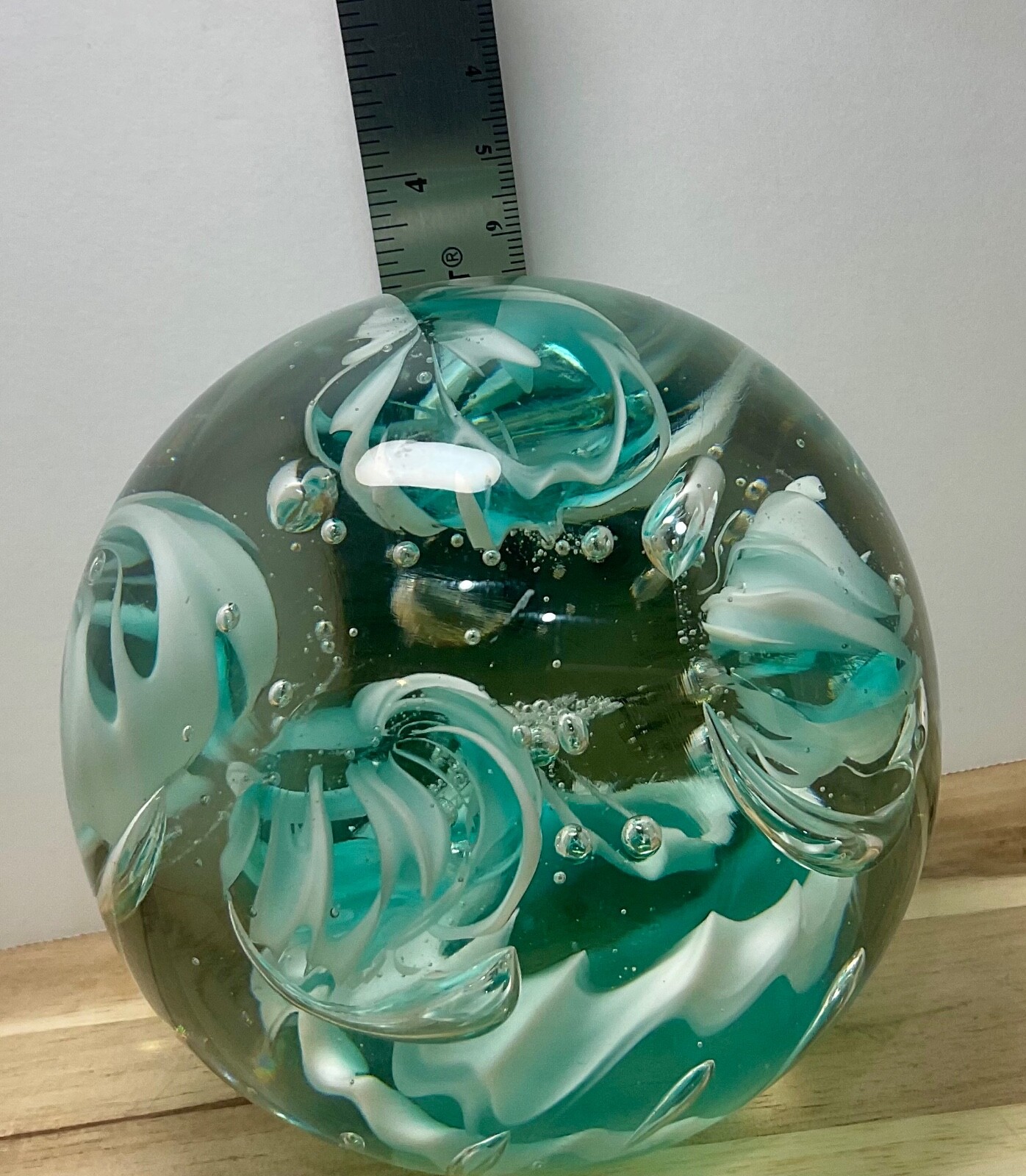 Large Art Glass Paperweight -Aqua/Clear/White 3.5” Heavy Desk Tabletop Decor