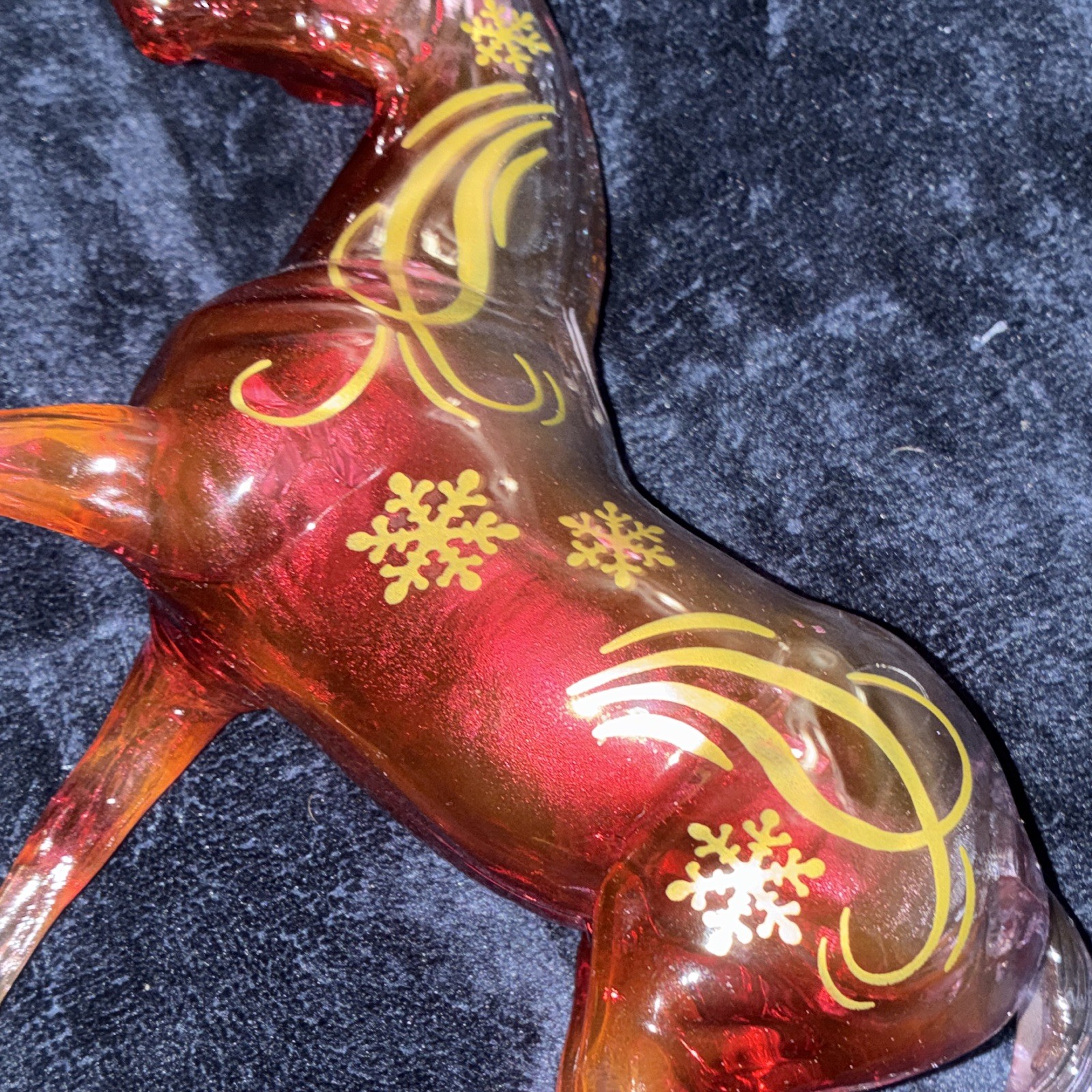 Red Translucent Glass Horse Figurine with Gold Snowflake & Swirl Accents