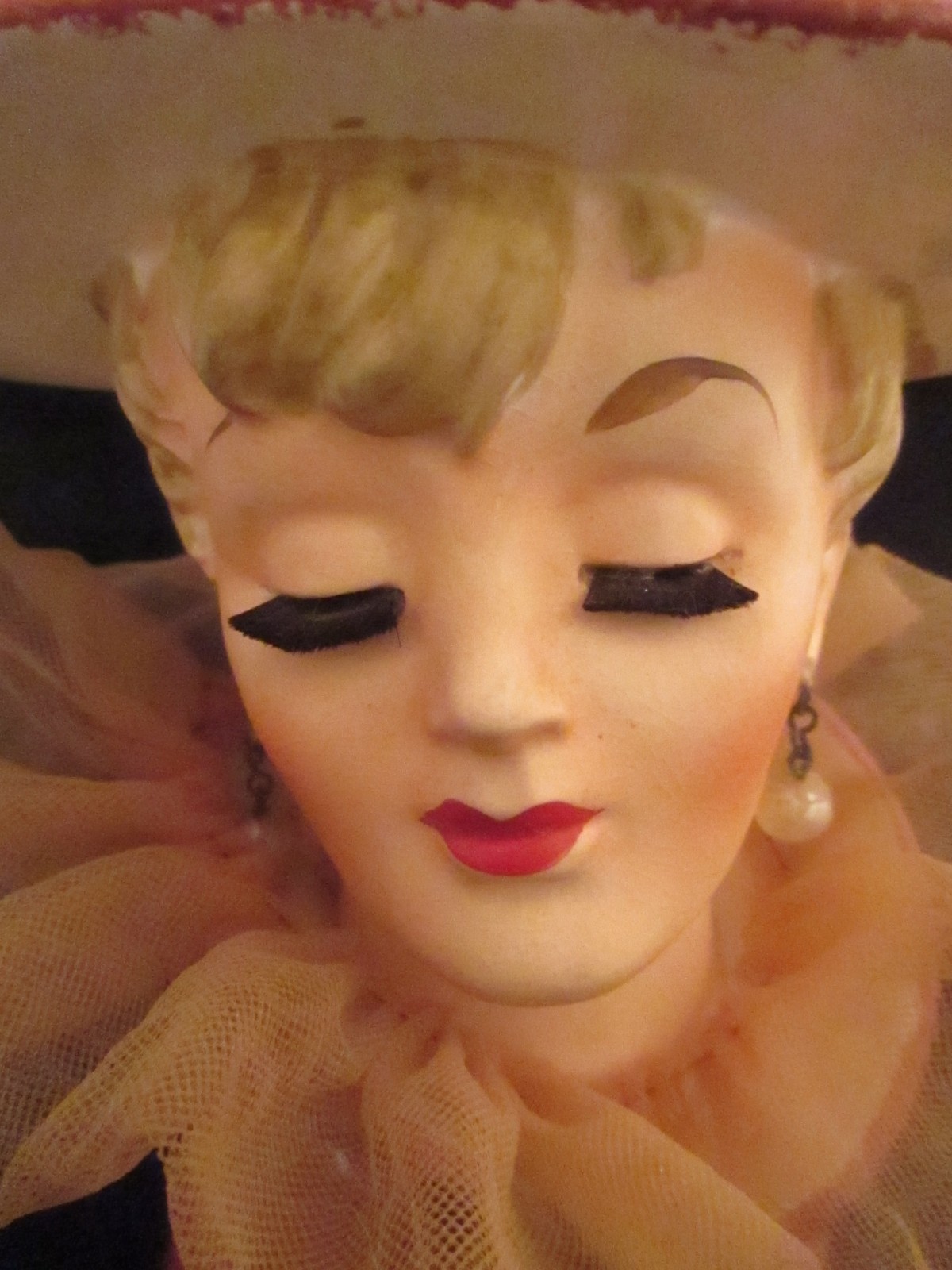 Vintage Lady Head Vase Relpo Japan #K 10098 Maroon Coat/Hat Blonde Hair VG Cond.