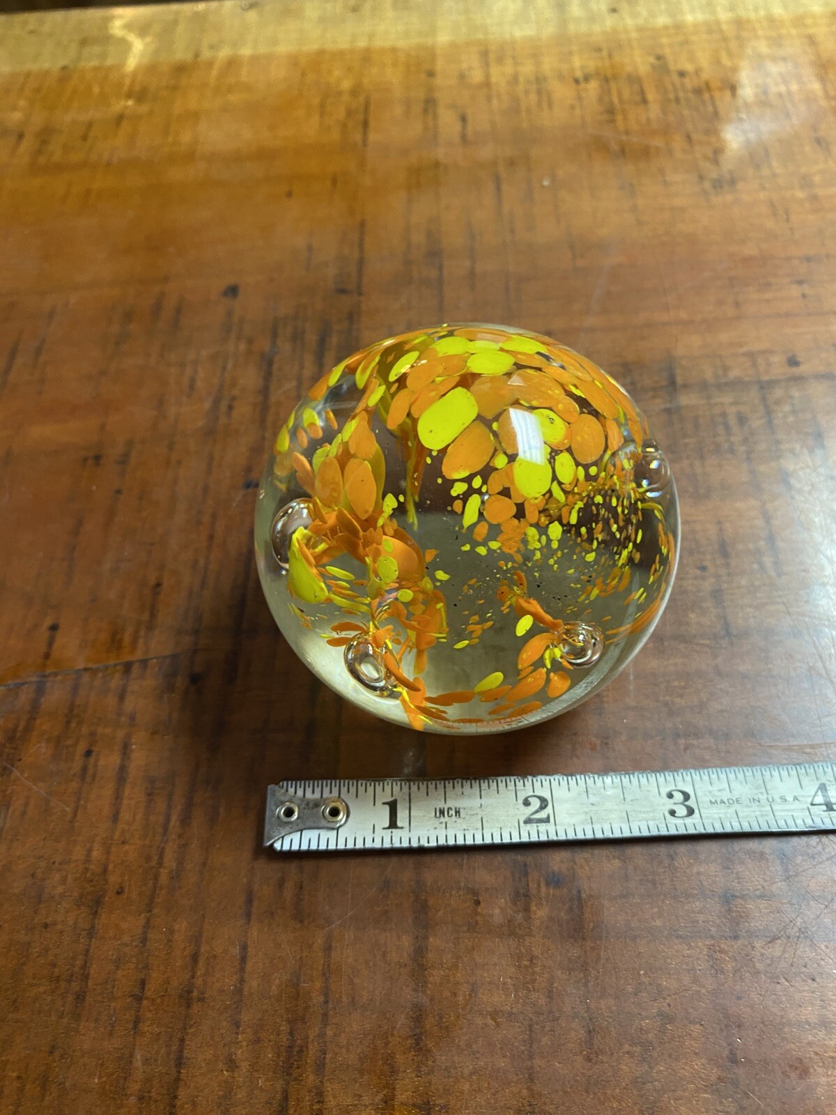 Vintage Orange And Yellow Confetti Art Glass Paperweight