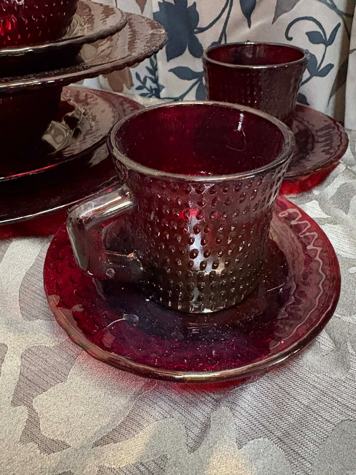 Vintage Ruby Red Glass Dinnerware: Hobnail Basket Weave 20pc Set