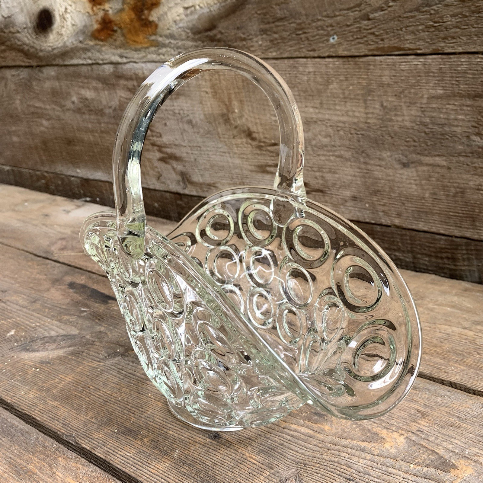Glass Basket Clear Bowl Vase Thousand Eye by Smith Glass 11” Long Vtg Grannycore