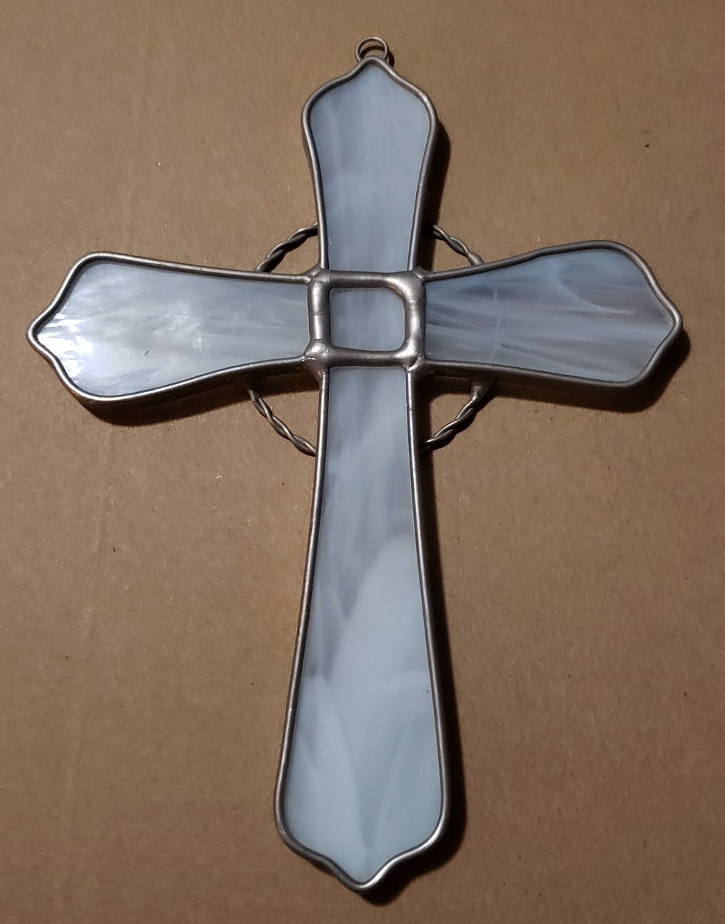 Hanging Leaded Stained Glass Celtic Cross Suncatcher White Transparent ~6.25″