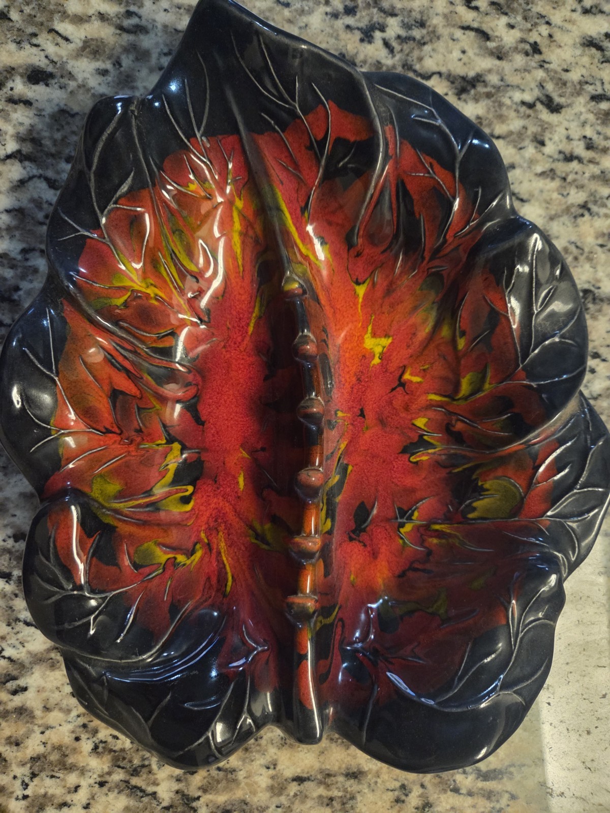 California Pottery Ceramic Leaf Shaped Black And Red Ashtray