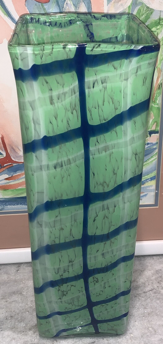 Modern Art Glass Square Vase Green White Clear Deep Blue 15.75”T 5”Sq Contemp EC