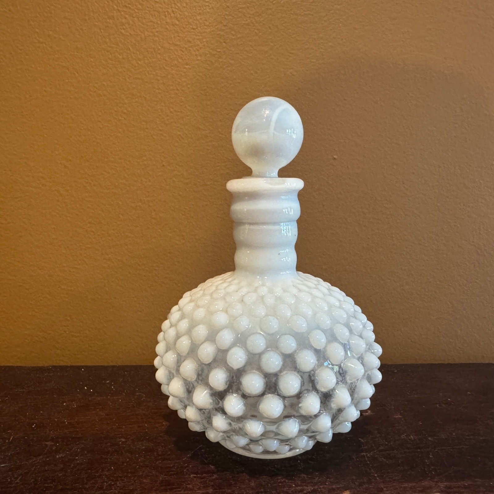 Vintage Ring of Fire Opalescent Milk Glass Hobnail Perfume Bottle & Stopper