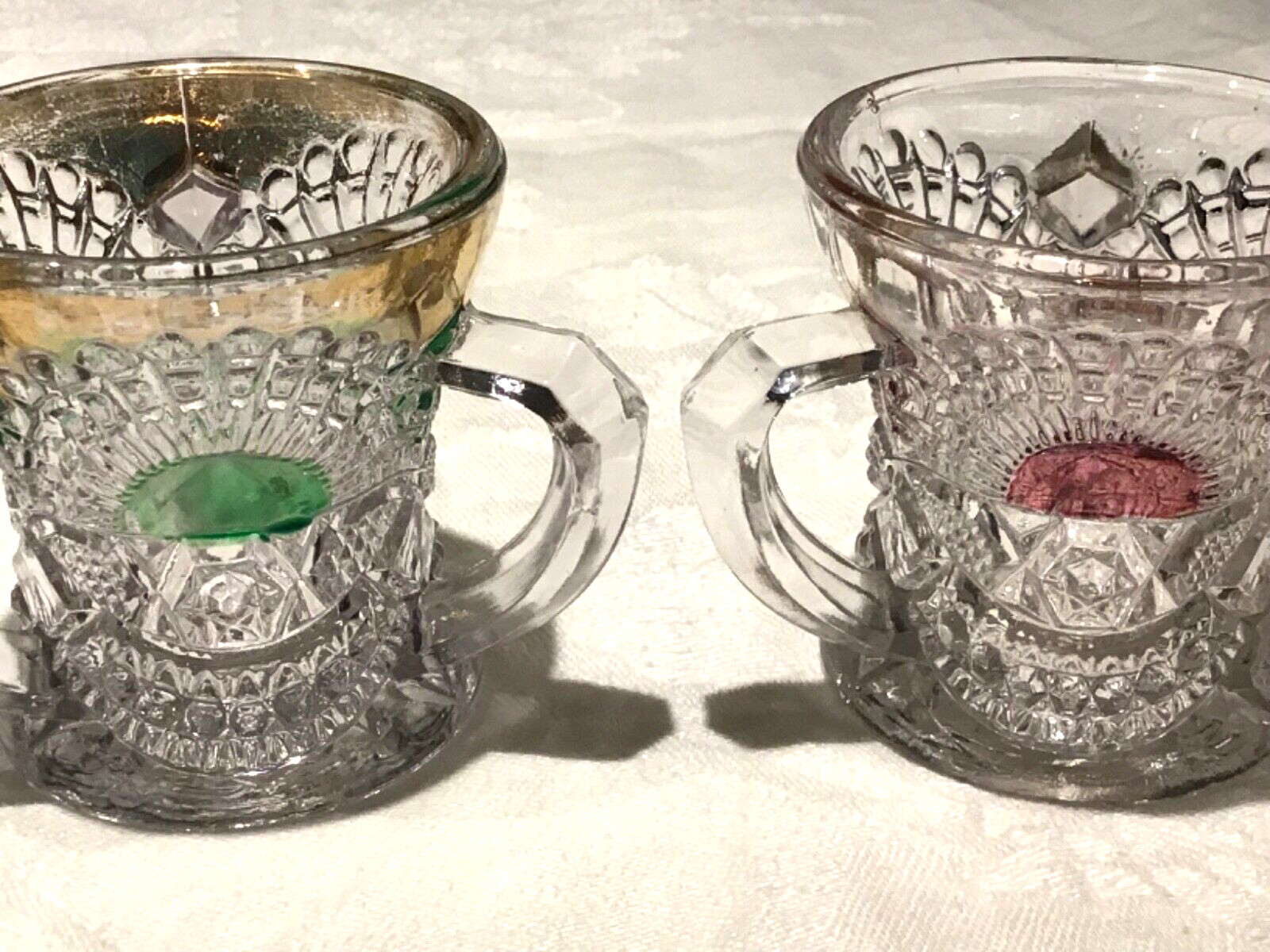 Victorian Toothpicks Rising Sun Patt. U.S. Glass Green Cranberry Flash PAIR VTG
