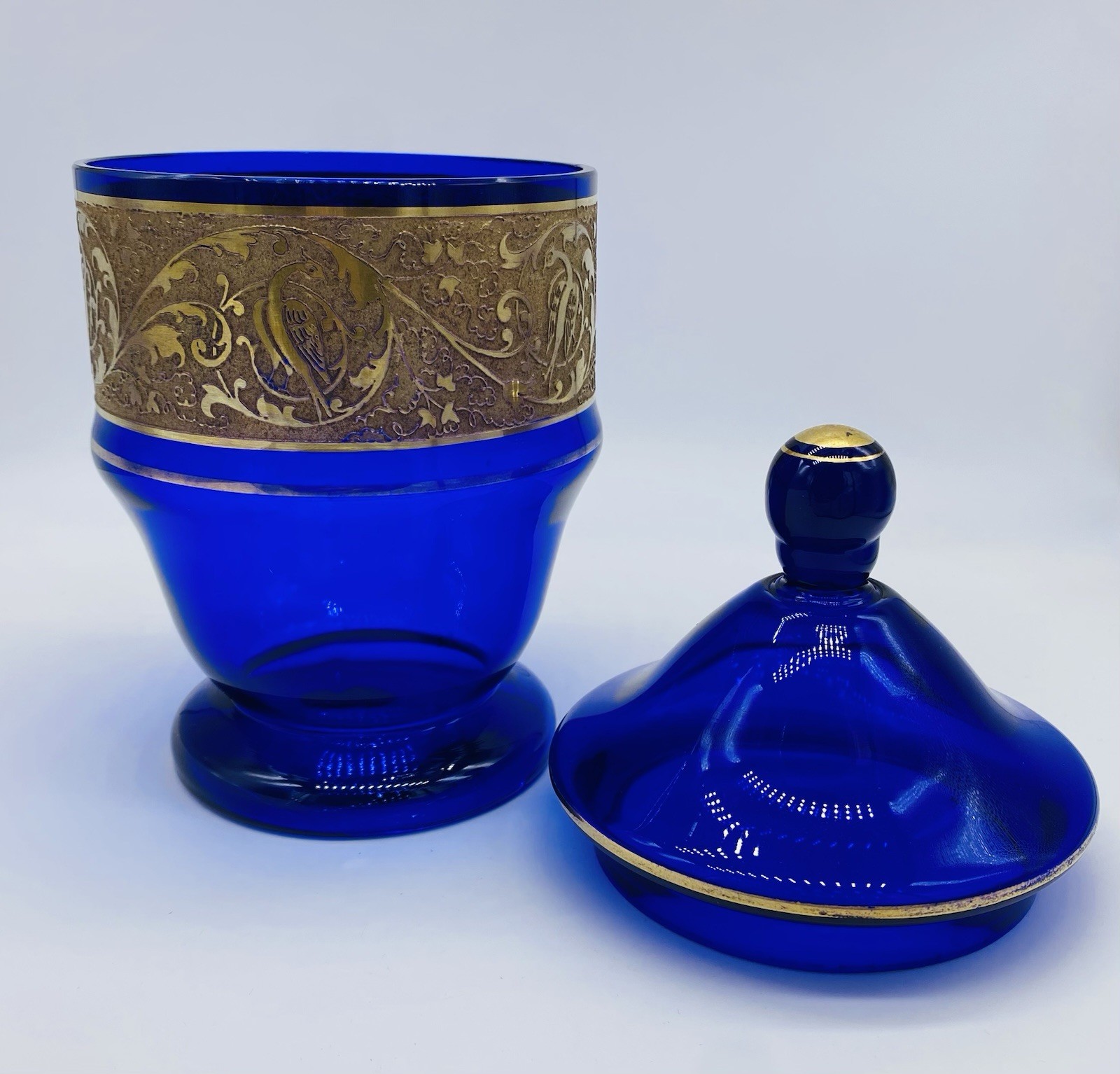 c.1890 Bohemian MOSER Cobalt Blue And Gold Glass Jar With Gold Gild Band