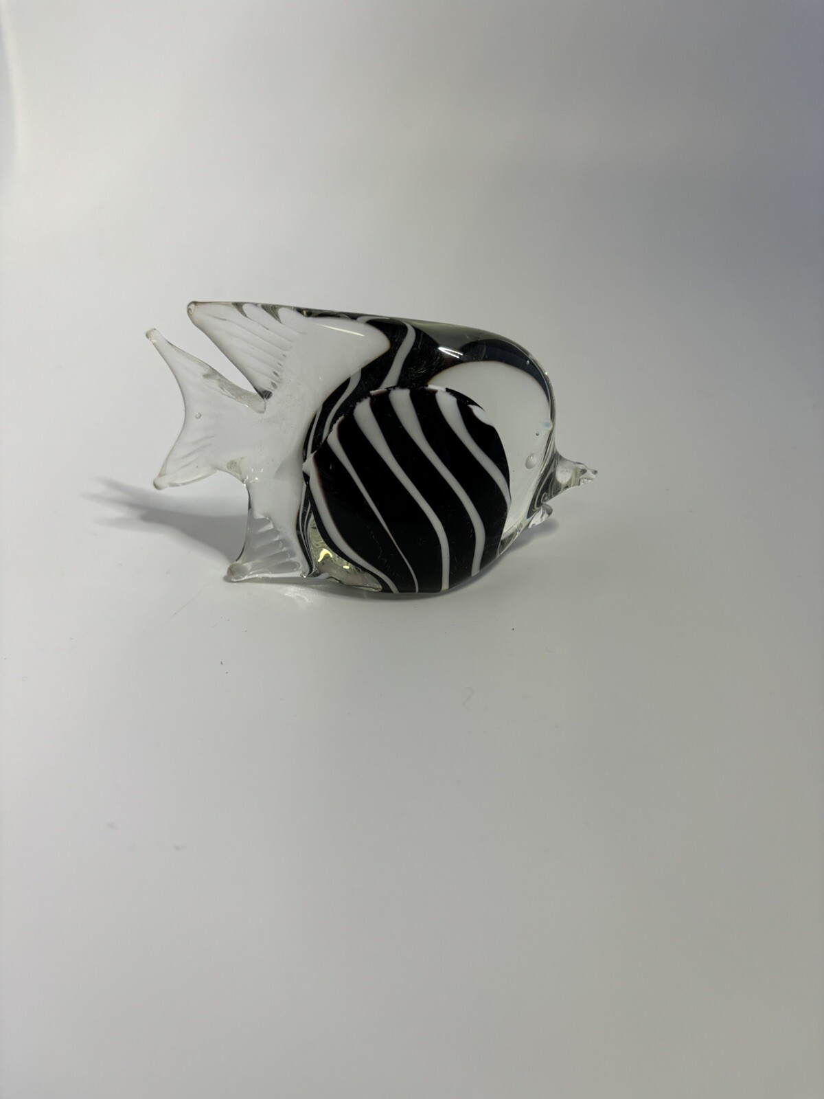 Art Glass Black, White & Clear Striped Angel Fish Paper Weight Figurine