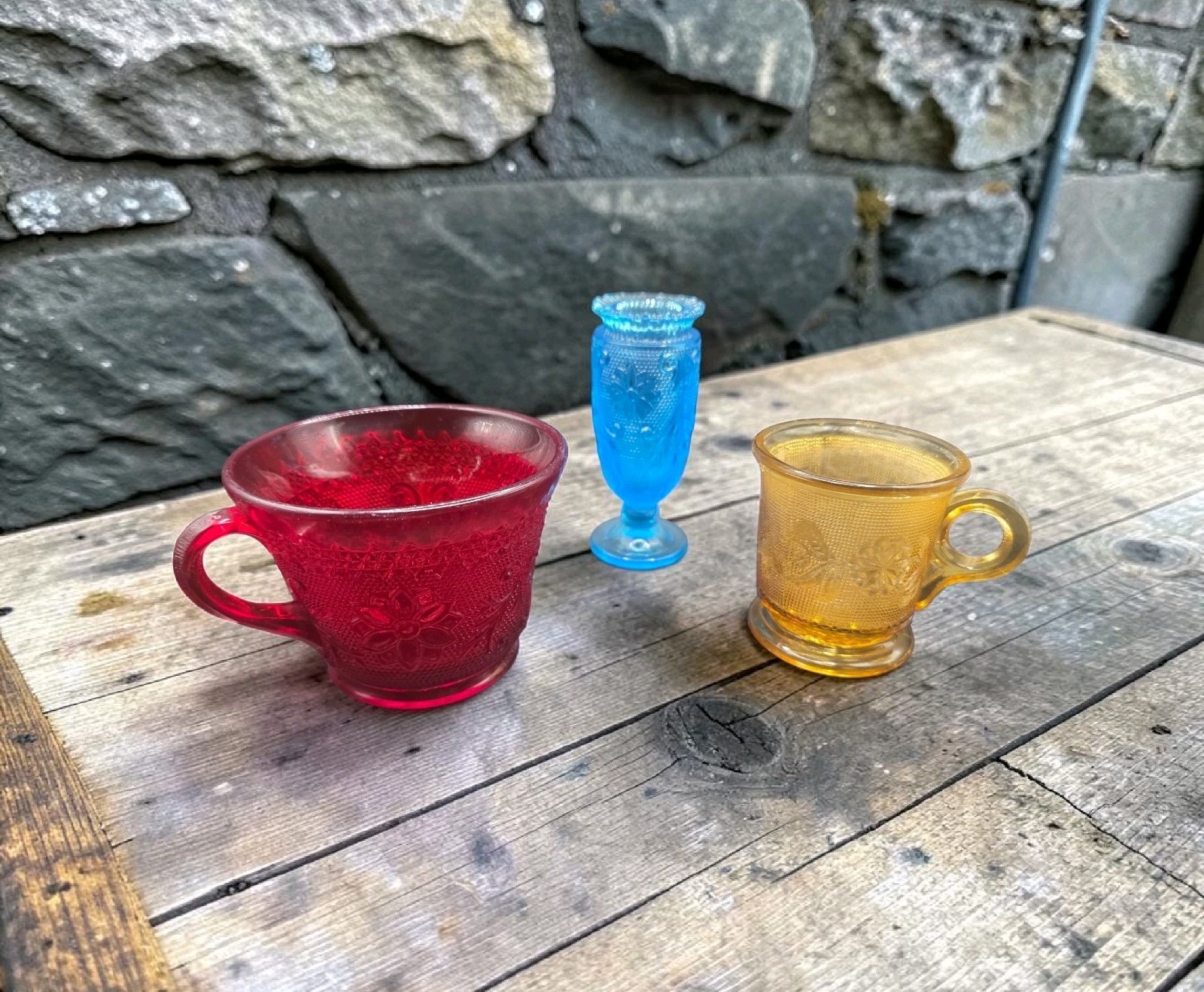 Vtg Tiara Indiana Glass Blue Turquoise 3.75″Vase Ruby Red 2.5″Amber 2.25″Tea Cup