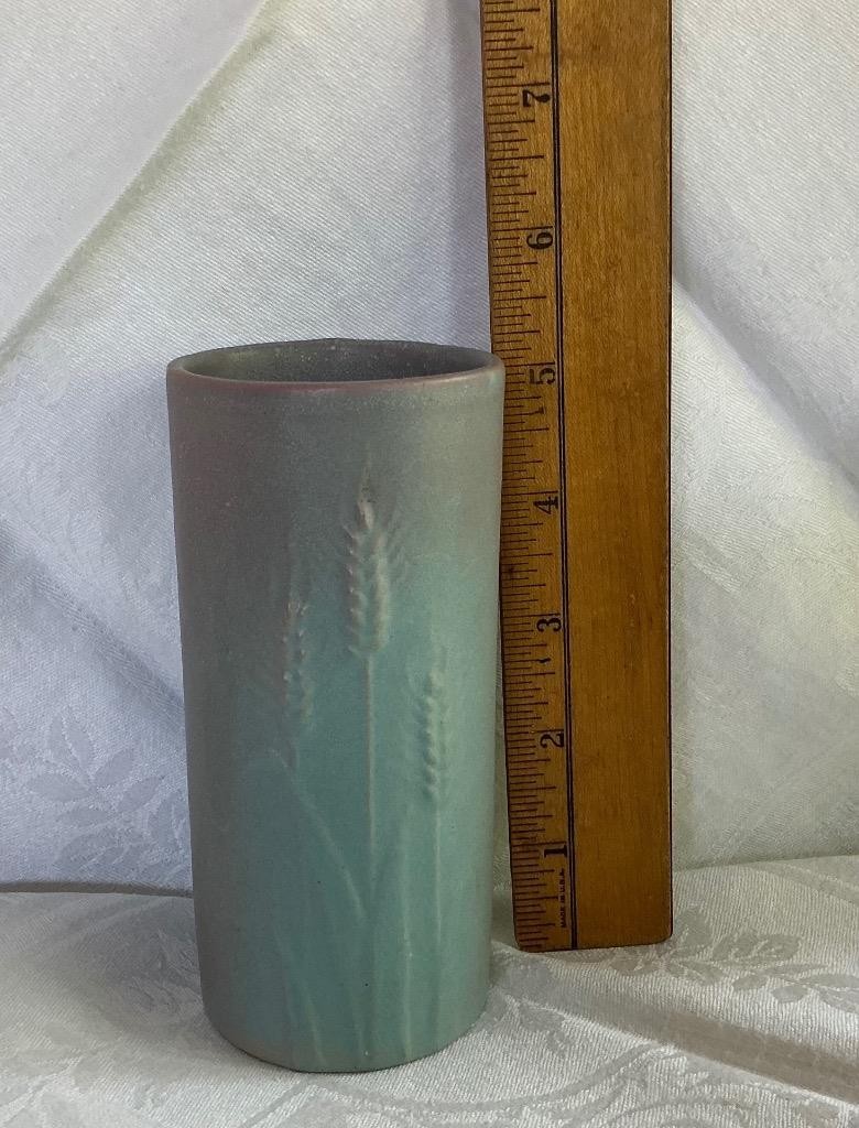 Rosemeade Pottery Wheat Motif Vase, Shaded Blue-Green to Pink, North Dakota ND