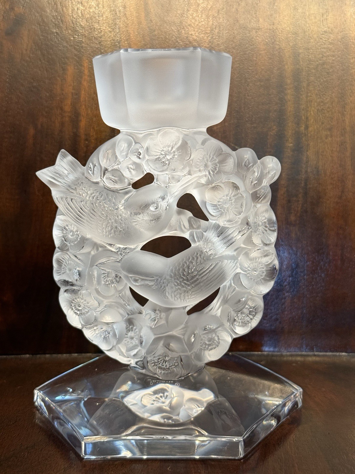 LALIQUE MESANGES FROSTED CRYSTAL CANDLEHOLDER BIRDS AMONG FLOWERS w/Bobeche