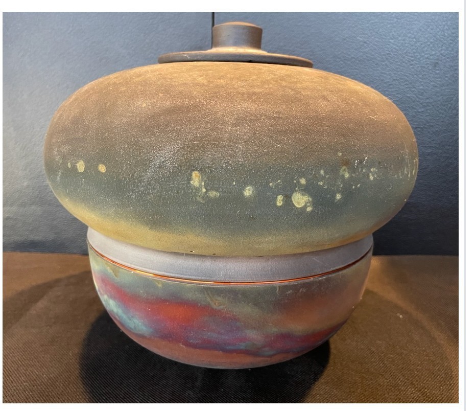 Paul Anderson Raku Pottery Container Copper Wire Signed Rare