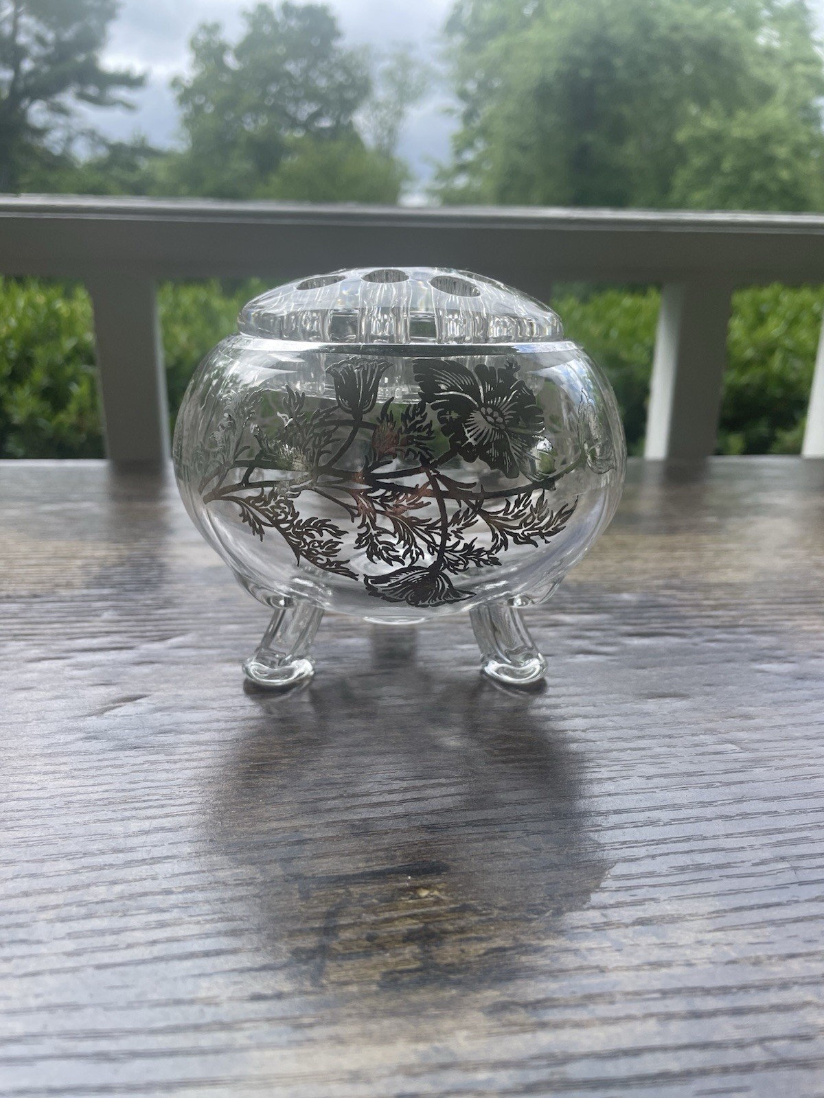 Vintage Viking Glass Flowerlite Footed Bowls/Silver Overlay & Flower Frog 4.25”