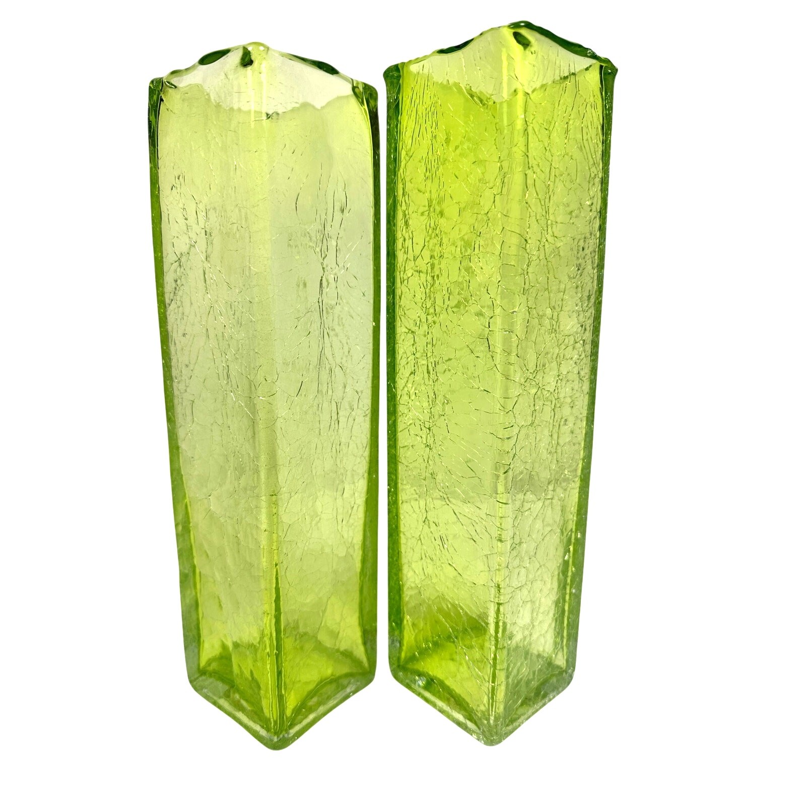 Art Glass MCM Vibrant Green Vintage Crackle Finish Rectangular 10″ Vases-Pair!