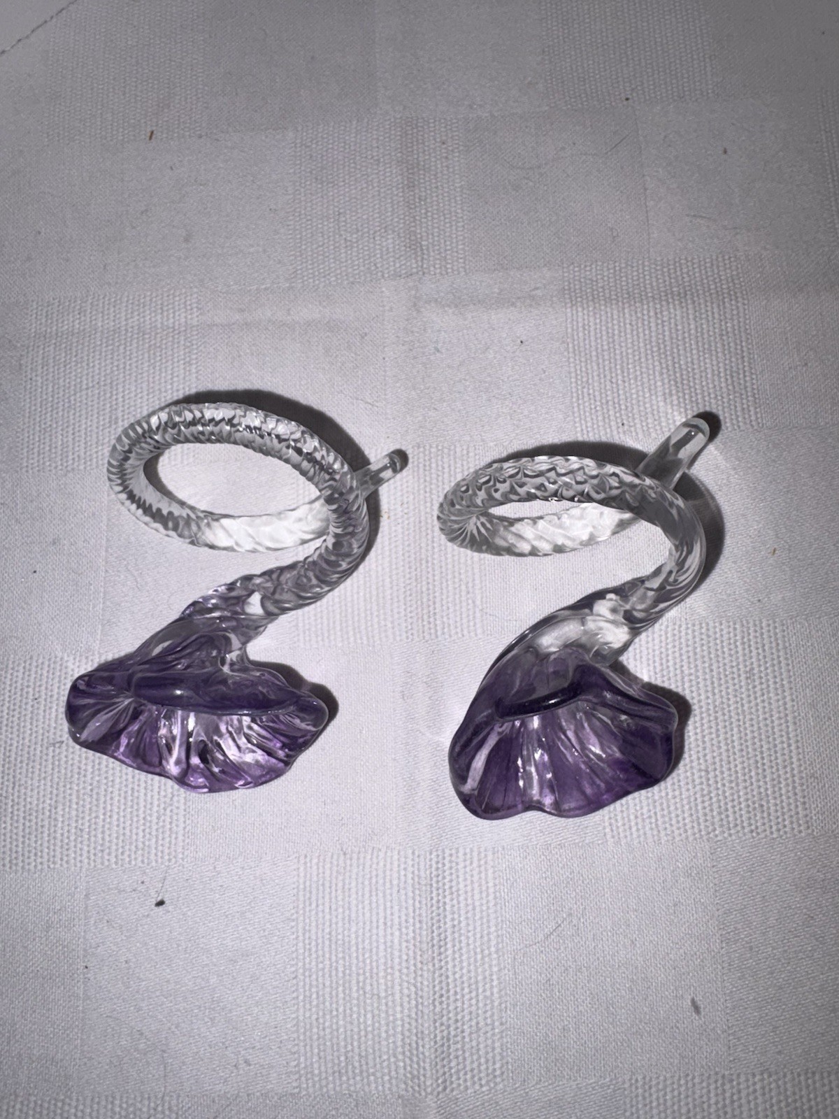 Art Deco Hand Blown Set Of 2 Purple & Clear Morning Glory Flowers