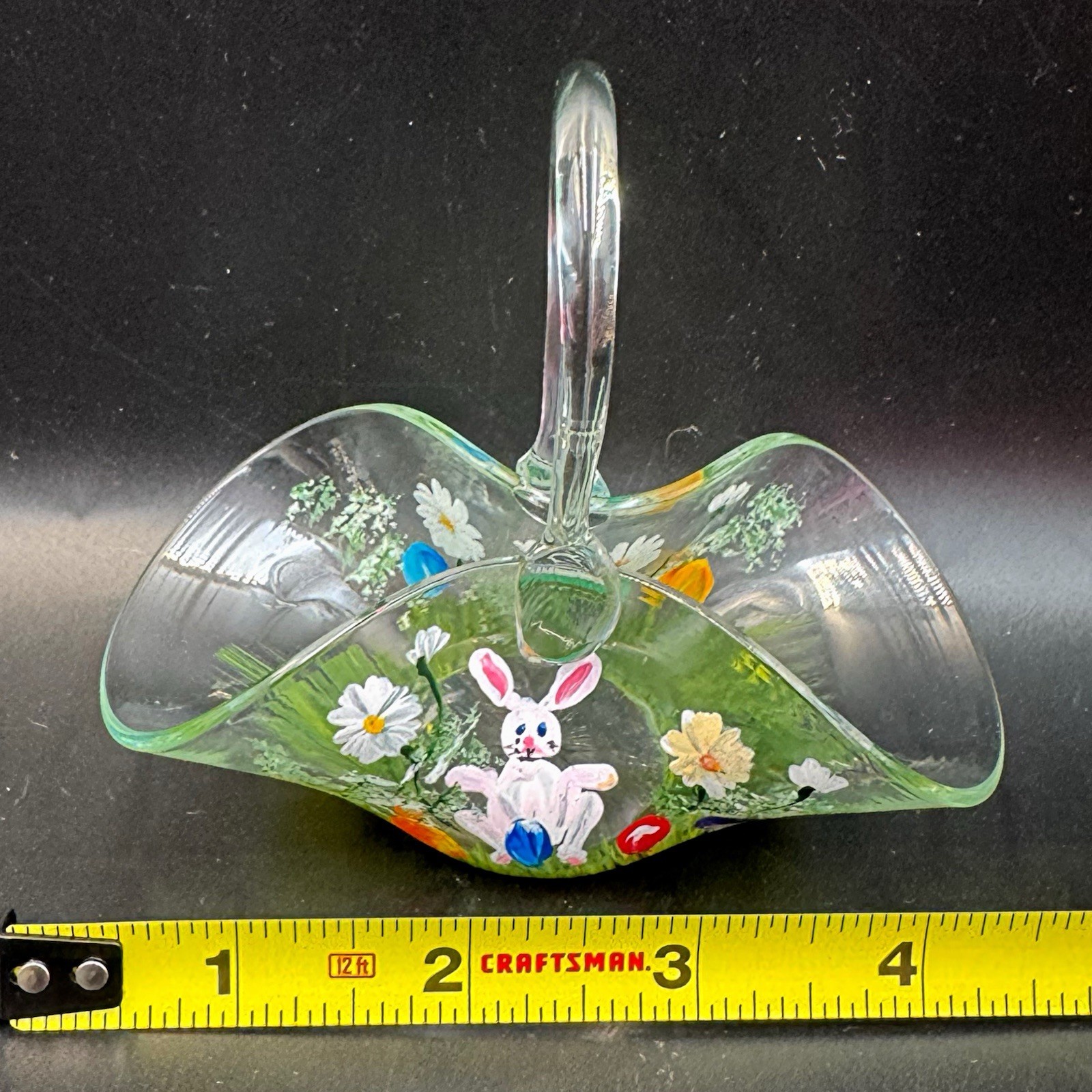 Vintage Hand Painted Signed Art Glass Easter Mini Basket Bunny Flowers Signed