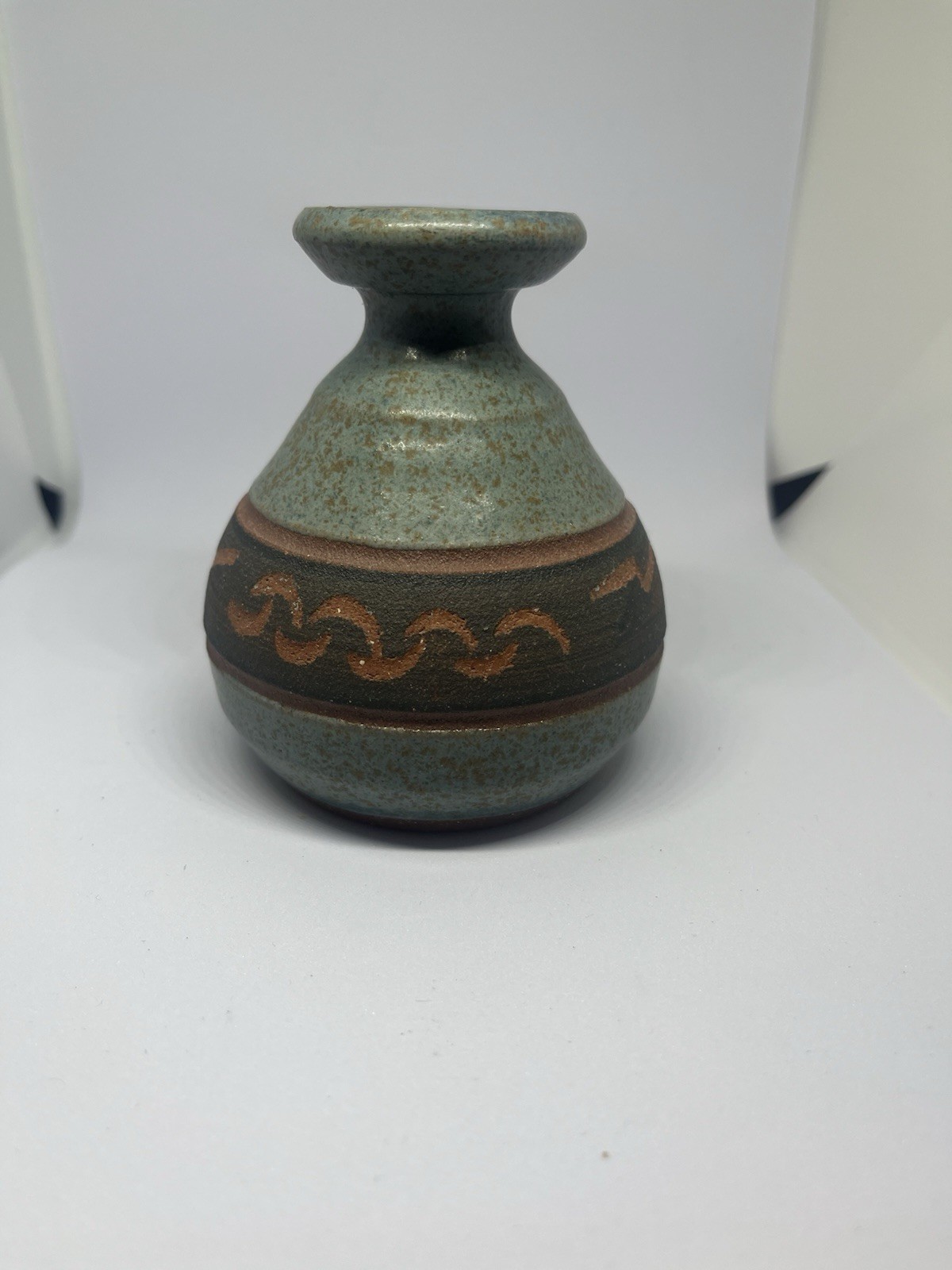 Small Red Clay Pottery Bud Vase Blue and Black 4″ Handmade With Symbols