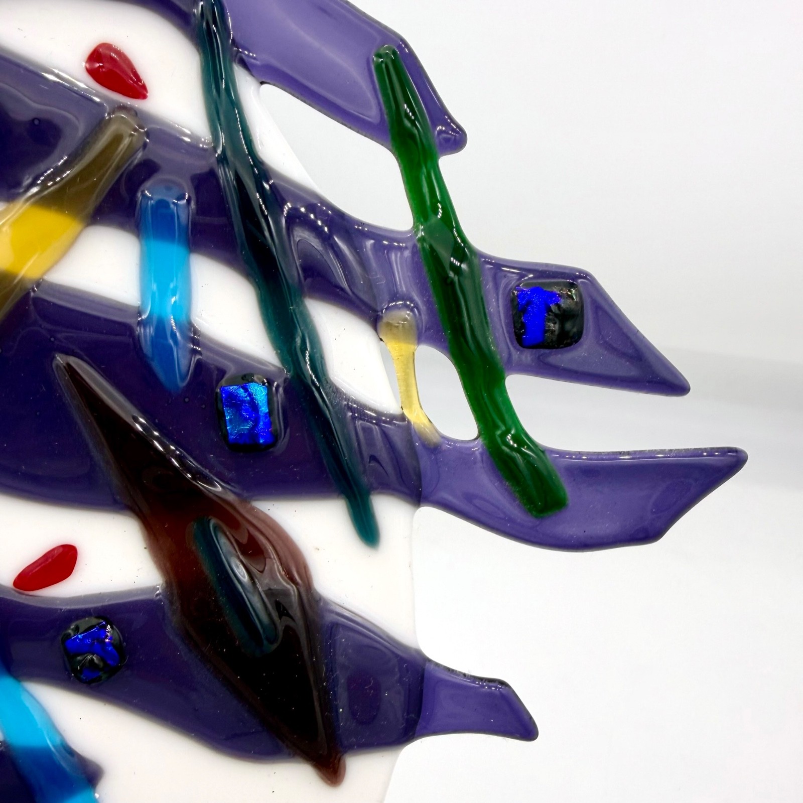 Vtg Fused Glass Wall Hanging Modernist Abstract Face Geometric Blue Dichro 15”
