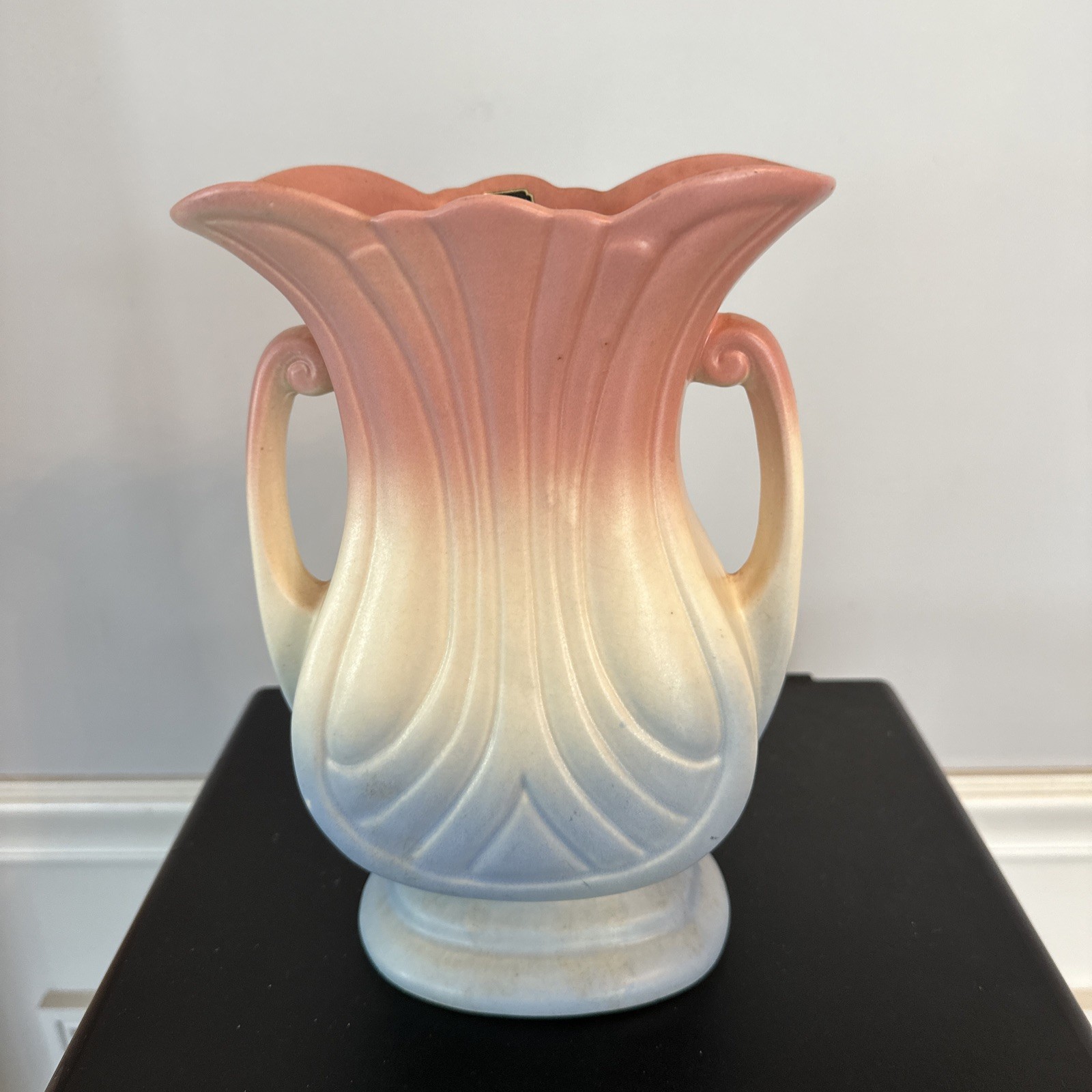 1940s Hull Art Pottery Mardi Gras Vase Pink White Blue Matte Finish 48-9 Vintage