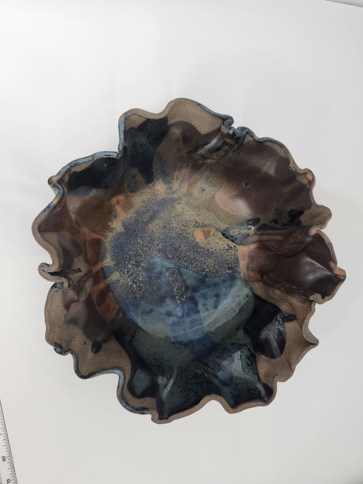 Freeform Art Studio Handkerchief Bowl Signed Drip Glaze LG 11″ Abstract Design