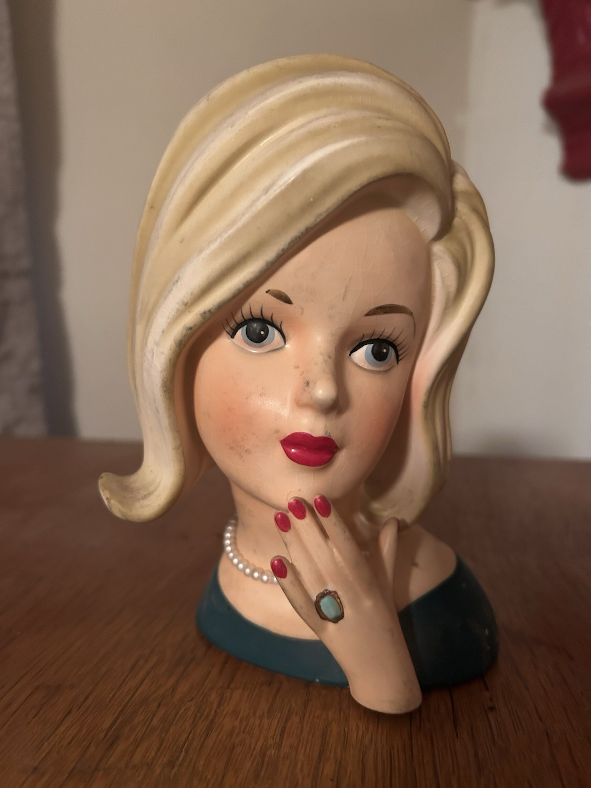 Enesco LARGE 7″ Blonde Lady Head Vase Painted Nails & Ring, RARE